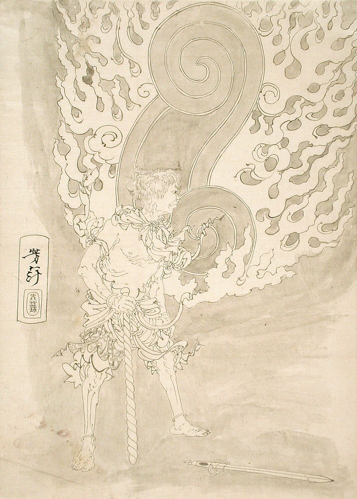 Sketch with Detail of Fūdō Threatening Yūten with his Sword by Tsukioka Yoshitoshi