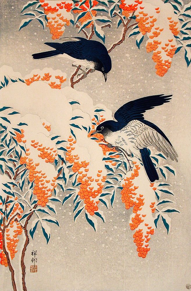Nandina and Flycatchers in Snow by Ohara Shōson