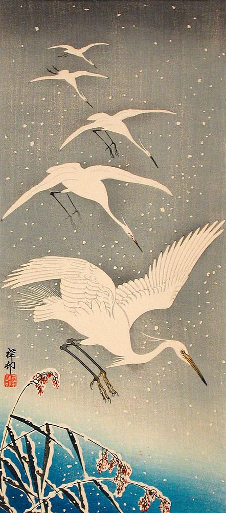 Egrets Descending in Snow by Ohara Shōson