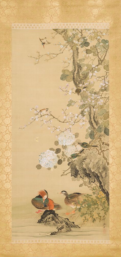 Birds, Mandarin Ducks, and Flowers by Okamoto Shūki