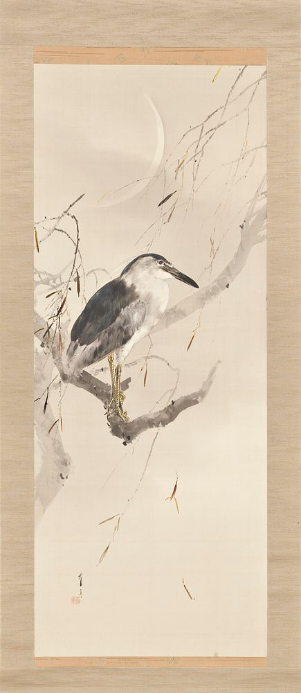 Night Heron and Willow with Crescent Moon by Watanabe Seitei