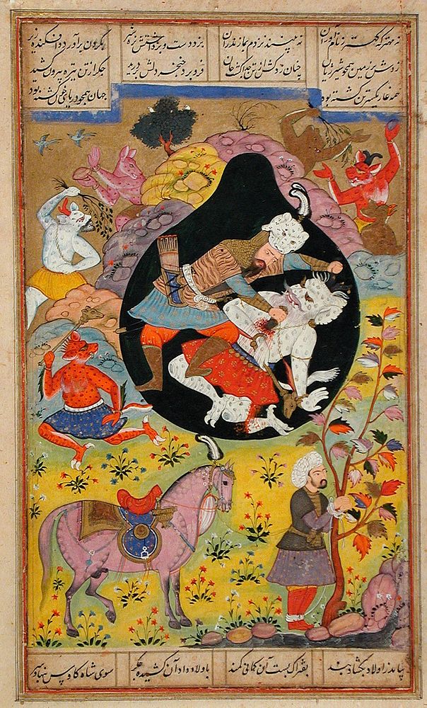 Rustam Slays the White Div (recto), Text (verso), Folio from a Shahnama (Book of Kings)