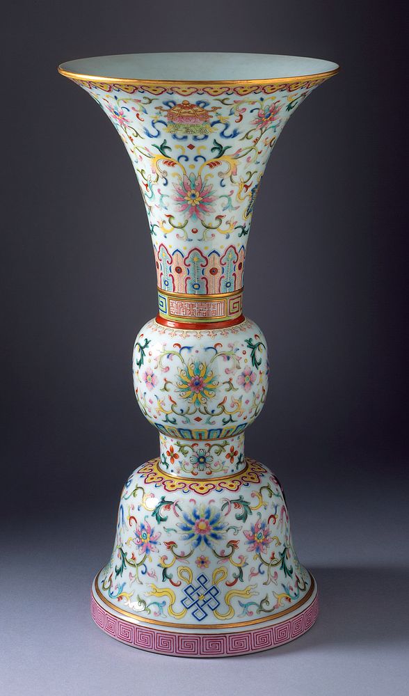 Vase (Ping) in the Form of an Ancient Ritual Wine Cup (Gu) with the Eight Buddhist Symbols (Bajixiang) and Floral Scrolls