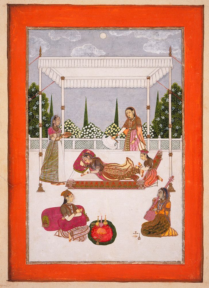 Ladies Relaxing on a Moonlit Terrace (recto); Calligraphy (verso)
