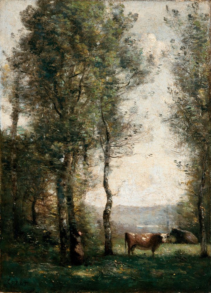Wooded Landscape with Cows in a Clearing by Jean Baptiste Camille Corot