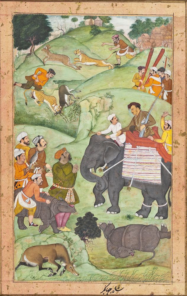 Prince Salim at a Hunt (recto), Calligraphy (verso), Folio from a Shikarnama (Hunting Album) by Muhammad Nasir al Munshi and…