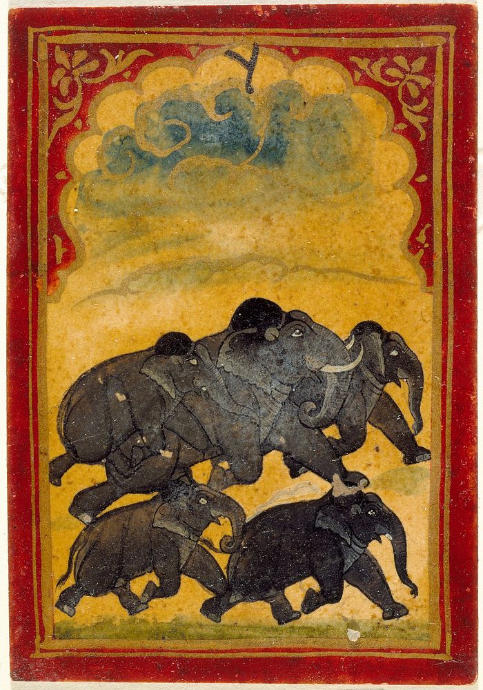 Five Galloping Elephants, Number Six of the Gajpati (Lord of Elephants) Suit, Playing Card from a Mughal Ganjifa Set