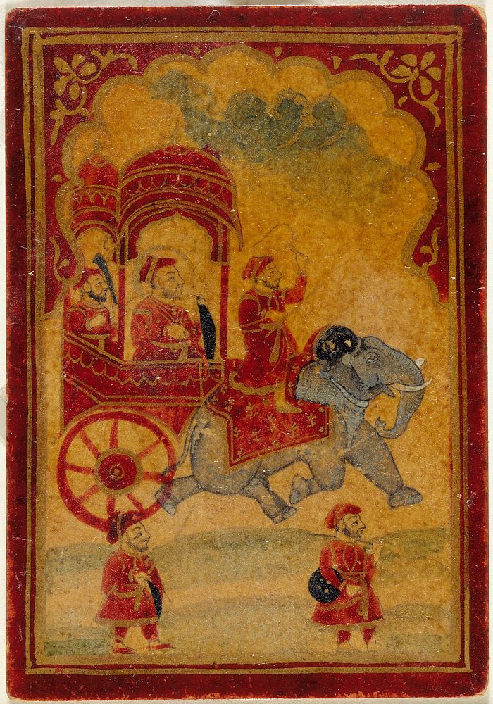 A King in an Elephant-drawn Carriage, King of the Ghulam (Slave or Servant) Suit, Playing Card from a Mughal Ganjifa Set