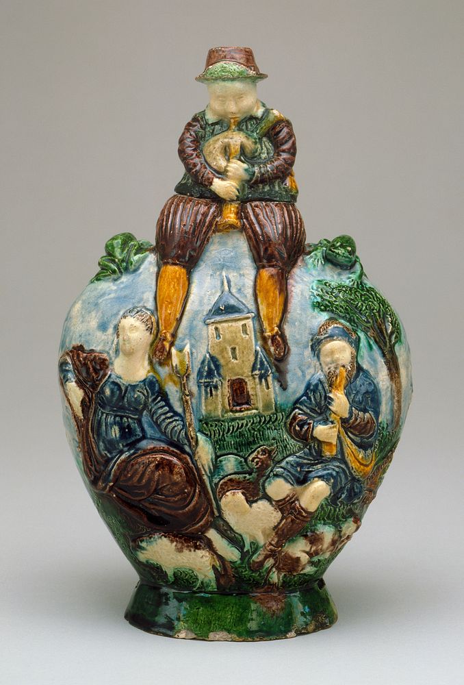 Flask with a Seated Bagpiper by Palissy  Bernard