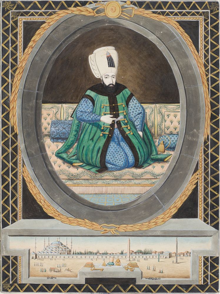 Portrait of Sultan Ahmet I (1603-1617) after a Painting by Konstantin Kapıdağlı, Above a View of the Hippodrome and the…