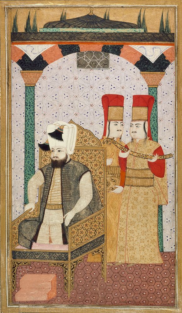 Sultan Mehmet III (reigned 1595-1603) Enthroned, Attended by Two Janissaries