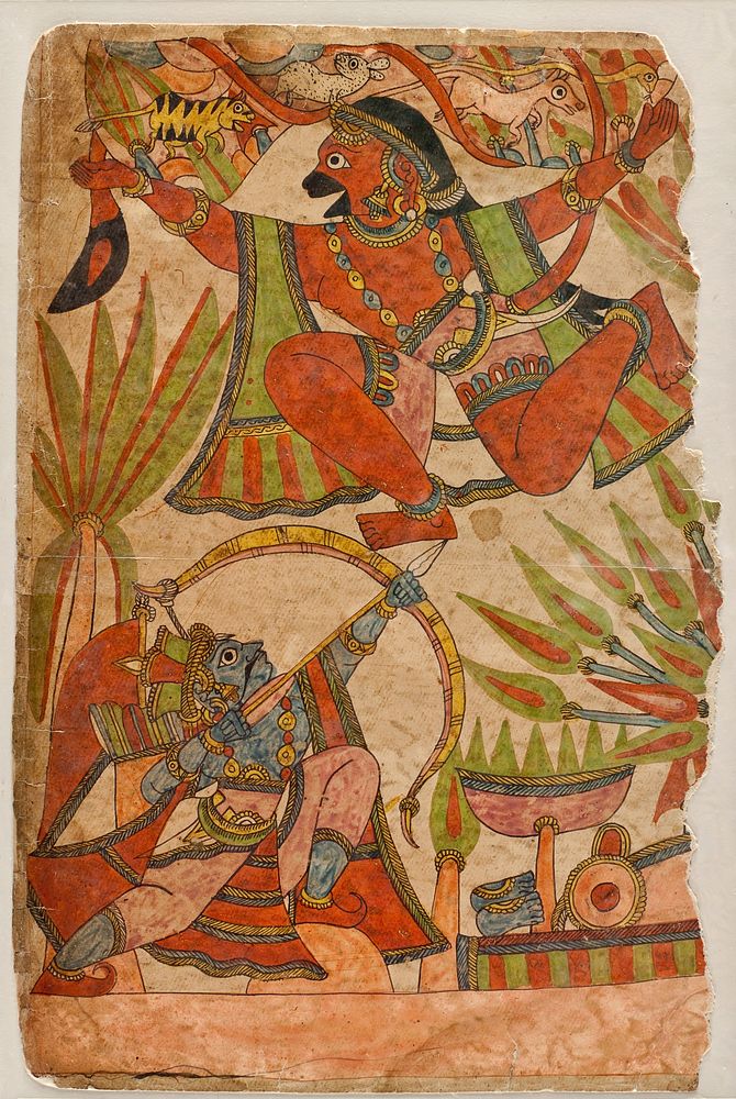 Bharata Shoots at Hanuman as He Flies Over with the Medicinal Herbs (recto), Hanuman Lands with the Medicinal Herbs (verso)…