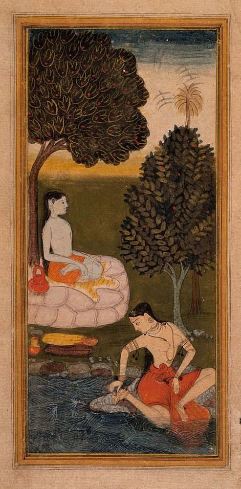 The Sage Shuka and the Celestial Nymph Rambha (recto), Text (verso), Folio from a Rambha-Shuka Samvad (The Dialogue between…