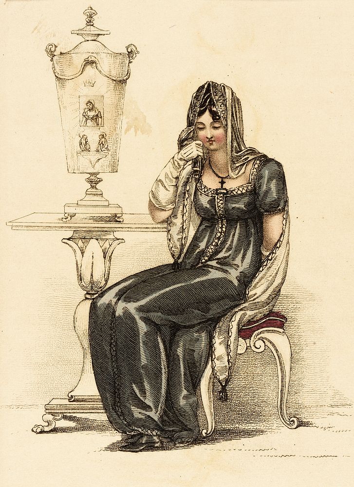Fashion Plate, 'Evening Mourning Dress' for 'The Repository of Arts' by Rudolph Ackermann
