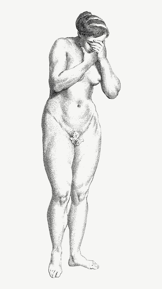 Nude woman illustration, sad vintage image