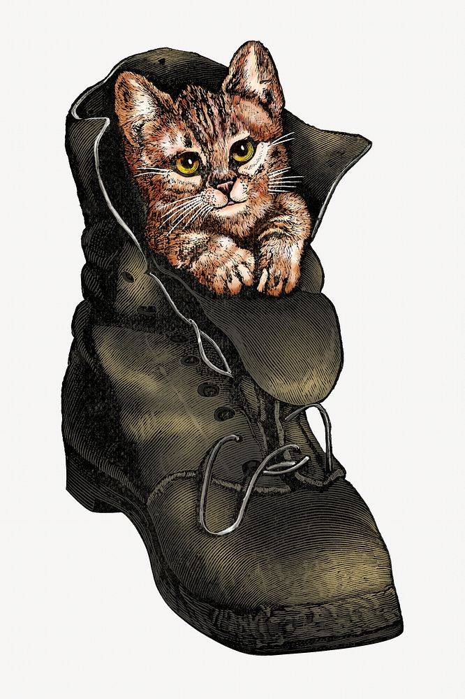 Cat in a boot, funny animal vintage illustration. Remixed by rawpixel.