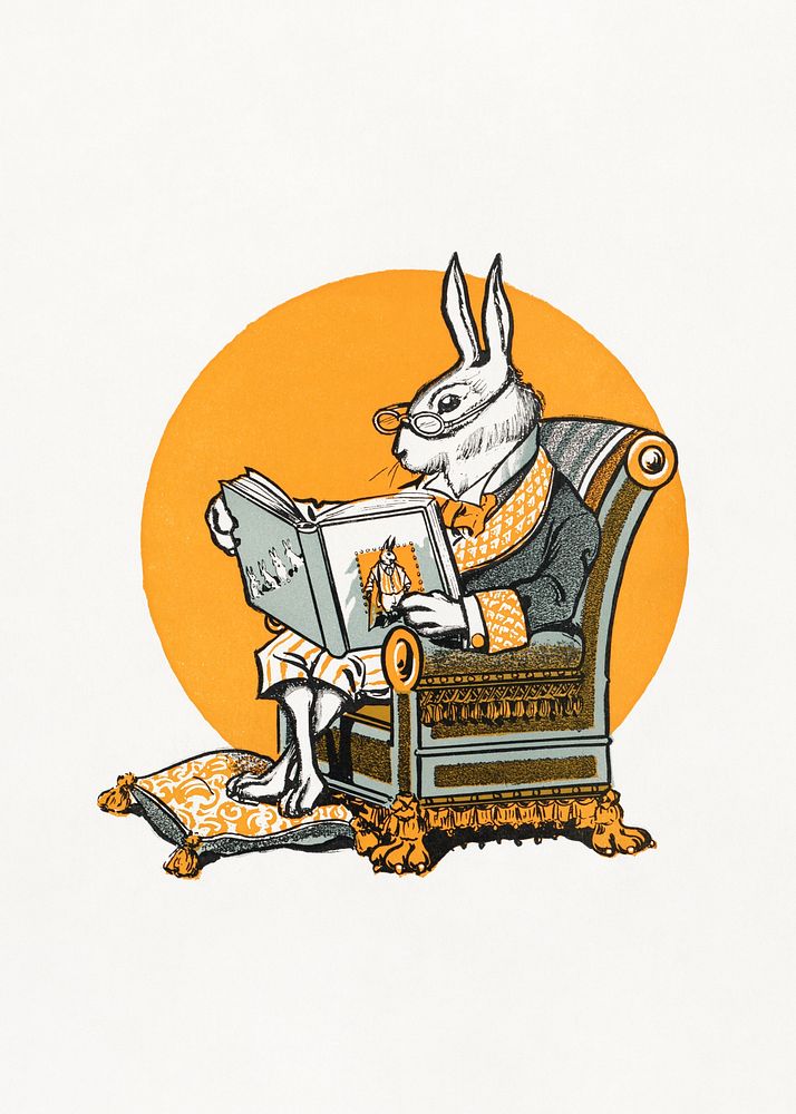 Mr Bunny, his book, rabbit illustration by W.H. Fry. Remixed by rawpixel.