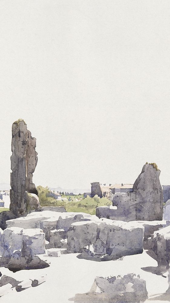 Italian ruins iPhone wallpaper, watercolor painting. Remixed from Henri Joseph Harpignies artwork, by rawpixel.