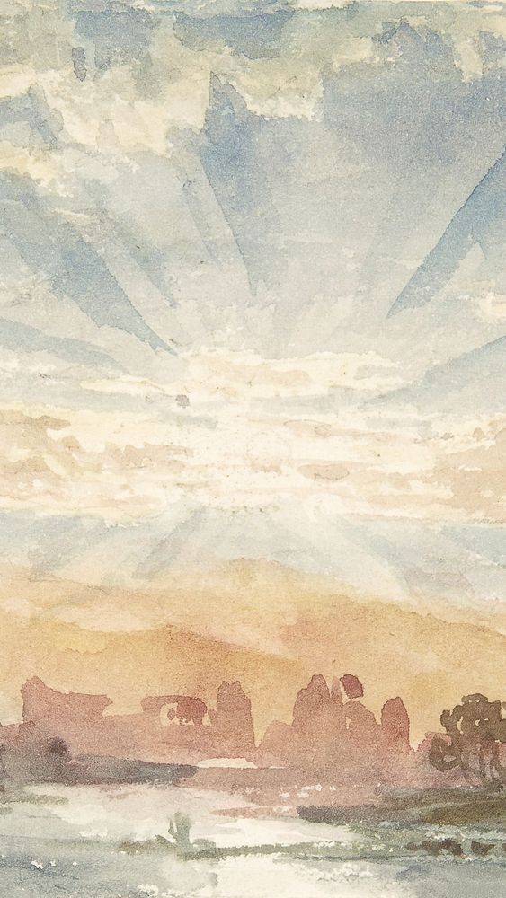 Rising sun landscape iPhone wallpaper, watercolor painting. Remixed from vintage artwork by rawpixel.