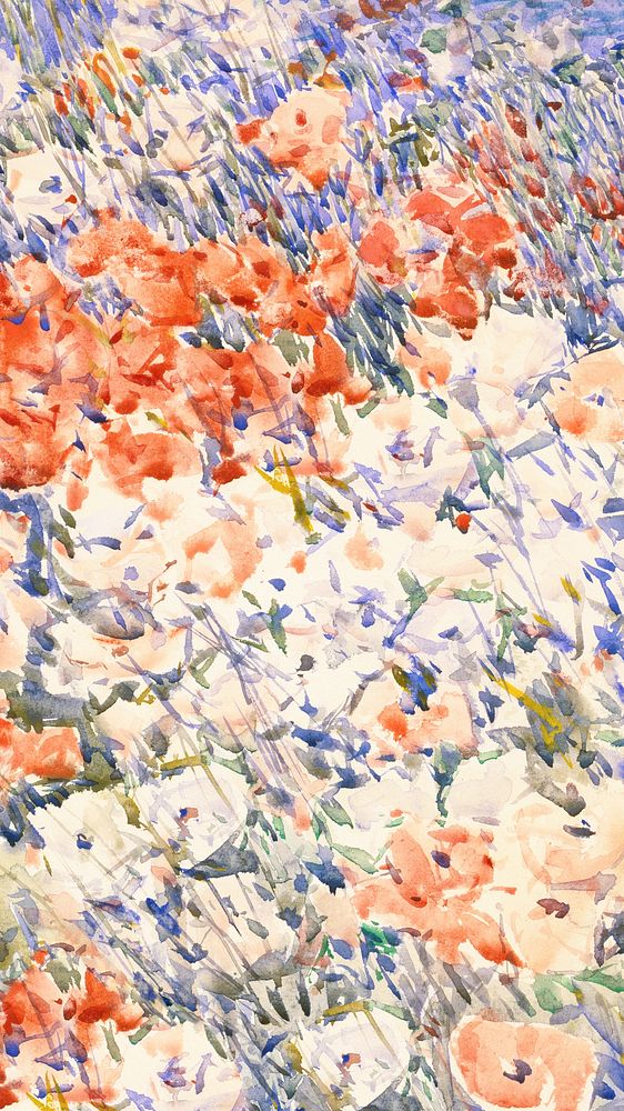 Flower field iPhone wallpaper, watercolor painting. Remixed from Childe Hassam artwork, by rawpixel.