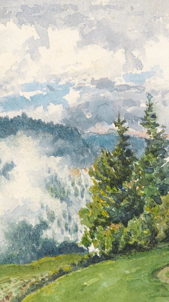 Misty mountain landscape iPhone wallpaper, watercolor painting. Remixed from vintage artwork by rawpixel.