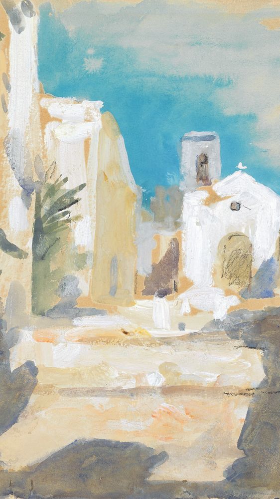 Taormina village iPhone wallpaper, watercolor painting. Remixed from Hercules Brabazon Brabazon artwork, by rawpixel.