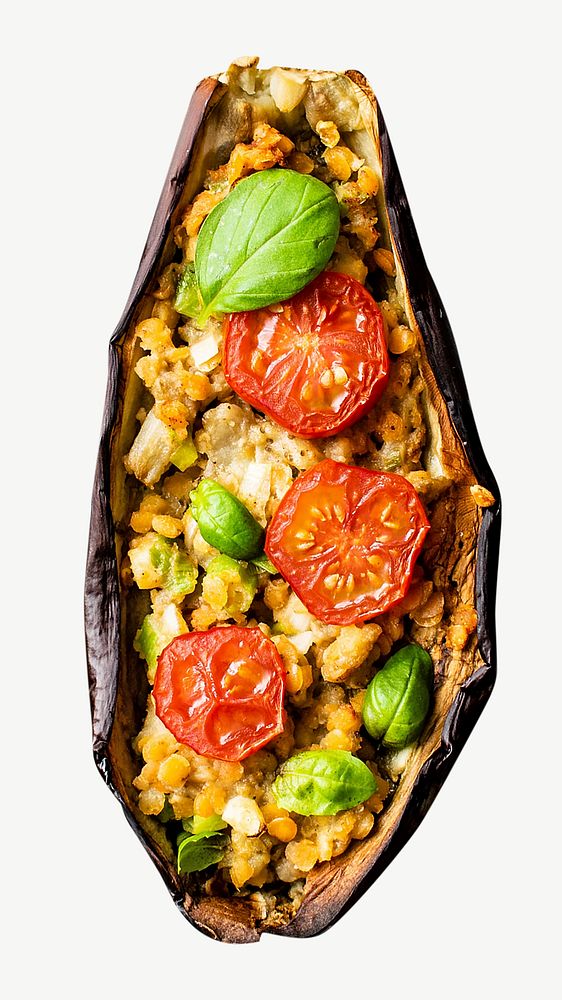 Stuffed roasted eggplants with tomatoes and fresh basil collage element psd