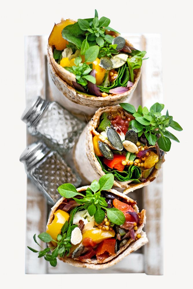 Tortilla wraps with roasted vegetables and mozzarella cheese isolated image