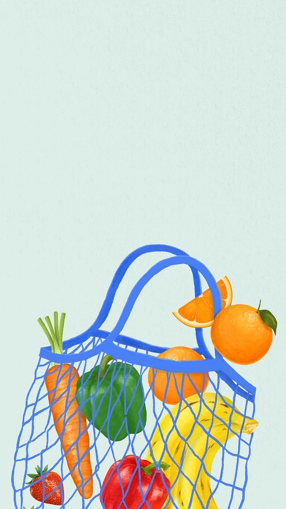 Fruit & vegetables iPhone wallpaper, grocery shopping bag illustration