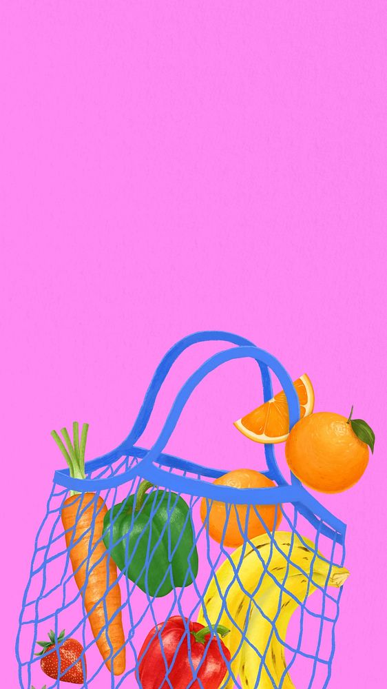 Fruit & vegetables iPhone wallpaper, grocery shopping bag illustration