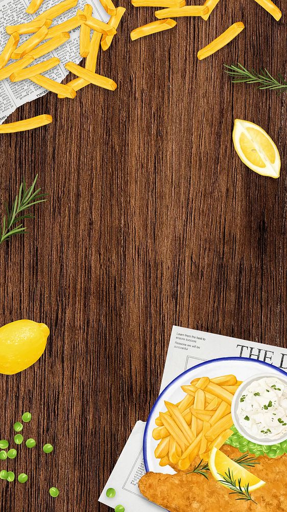 Fish and chips iPhone wallpaper, wooden table background