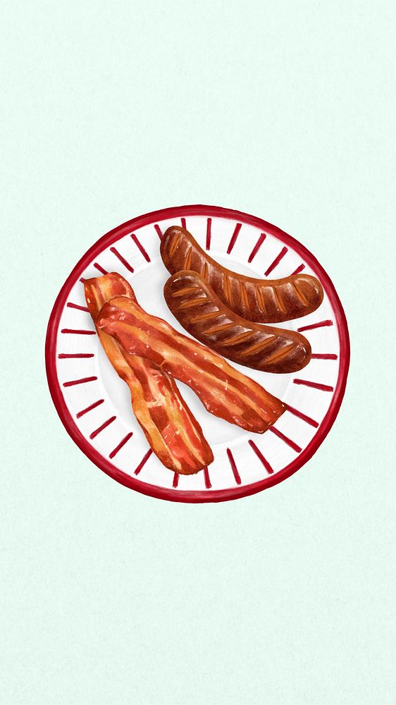 Bacon & sausages iPhone wallpaper, breakfast food illustration