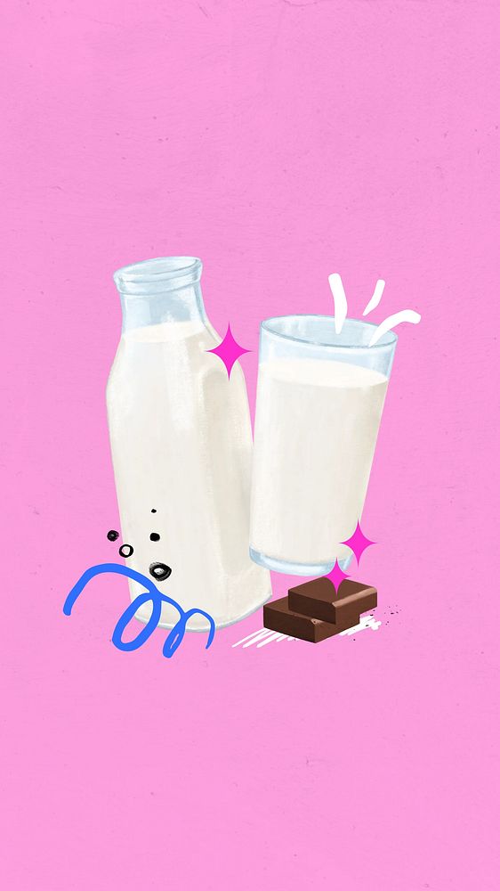 Glass of milk phone wallpaper, dairy drink illustration