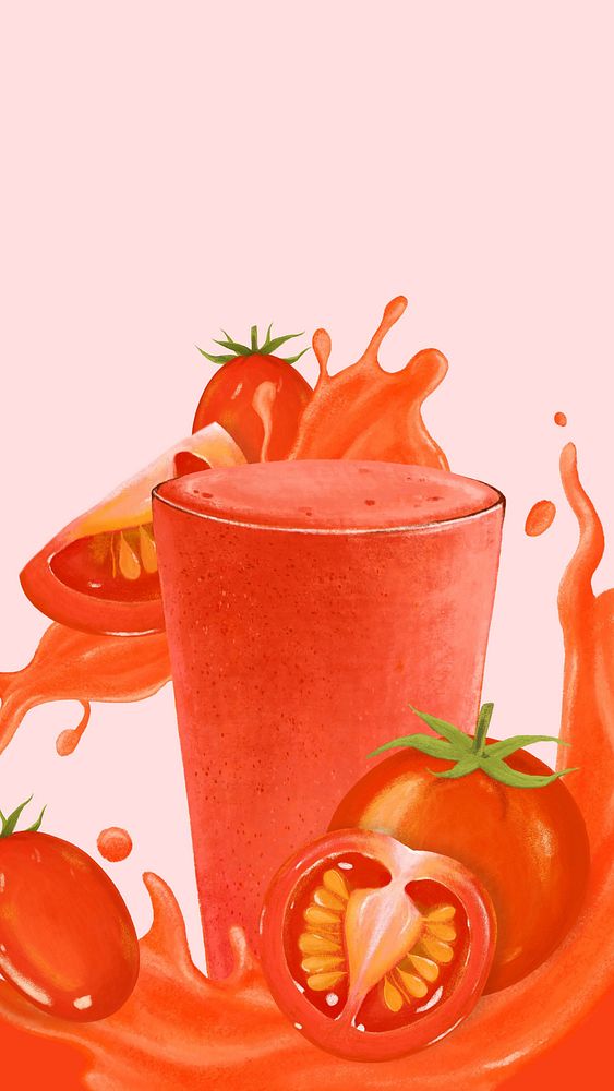 Tomato juice splash phone wallpaper, healthy drink illustration