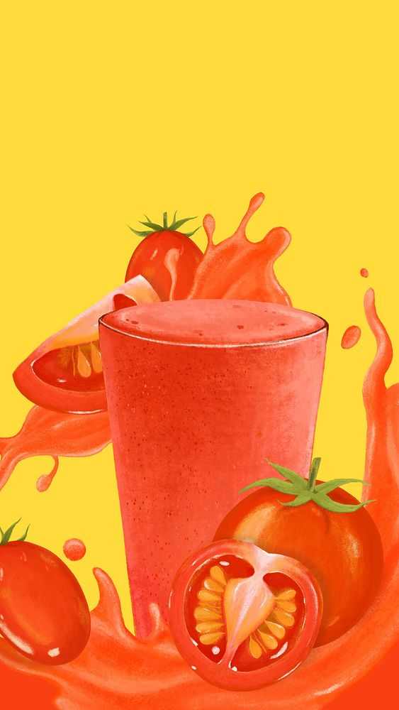 Tomato juice splash phone wallpaper, healthy drink illustration