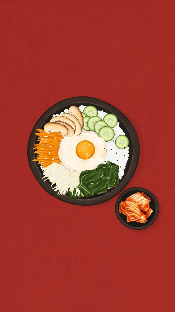 Korean bibimbap food mobile wallpaper, Asian cuisine illustration