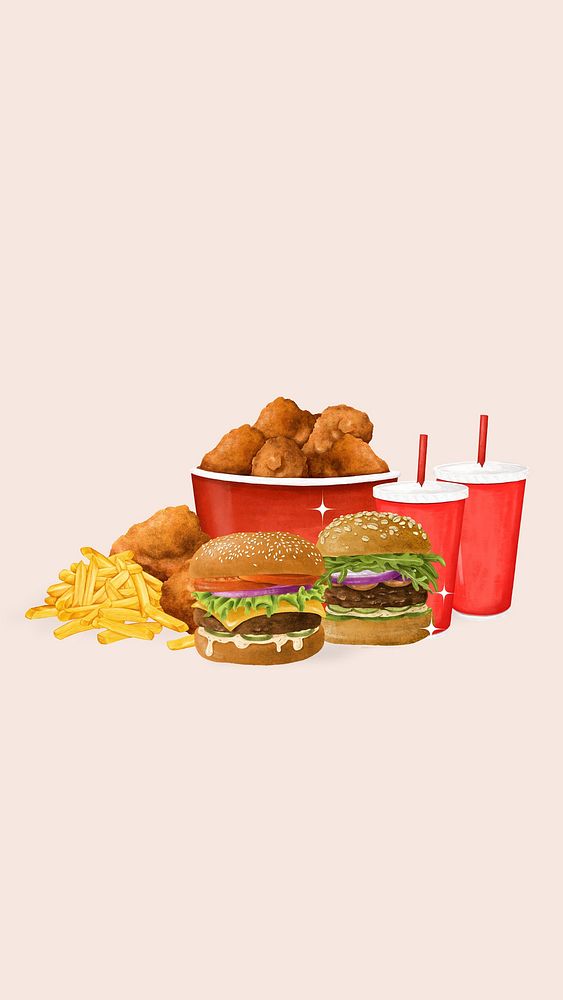 Yummy fast food phone wallpaper, burger, fried chicken & fries