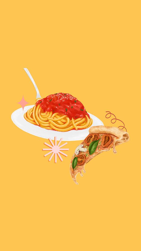 Pizza & spaghetti phone wallpaper, Italian food illustration