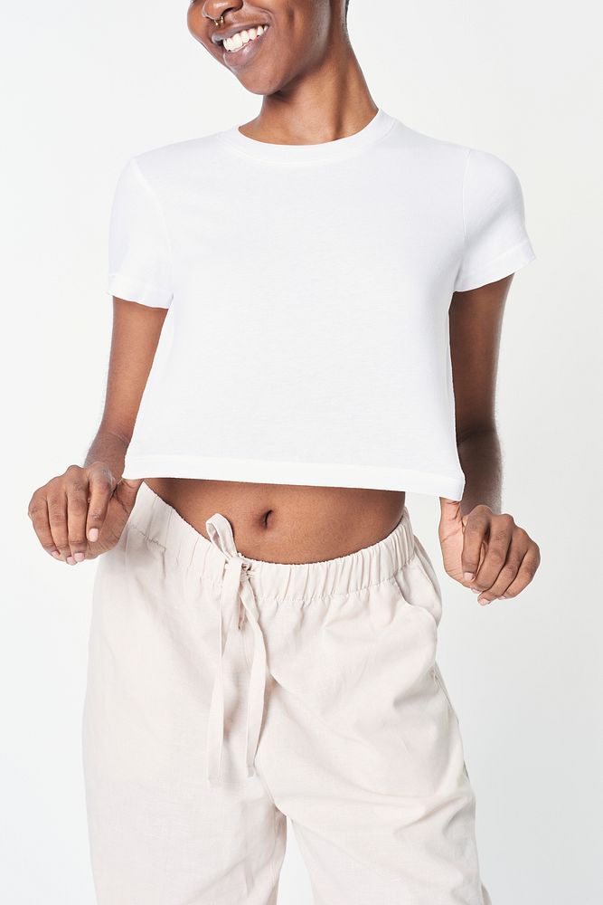 Women's white minimal outfit mockup crop top and sweatpants 