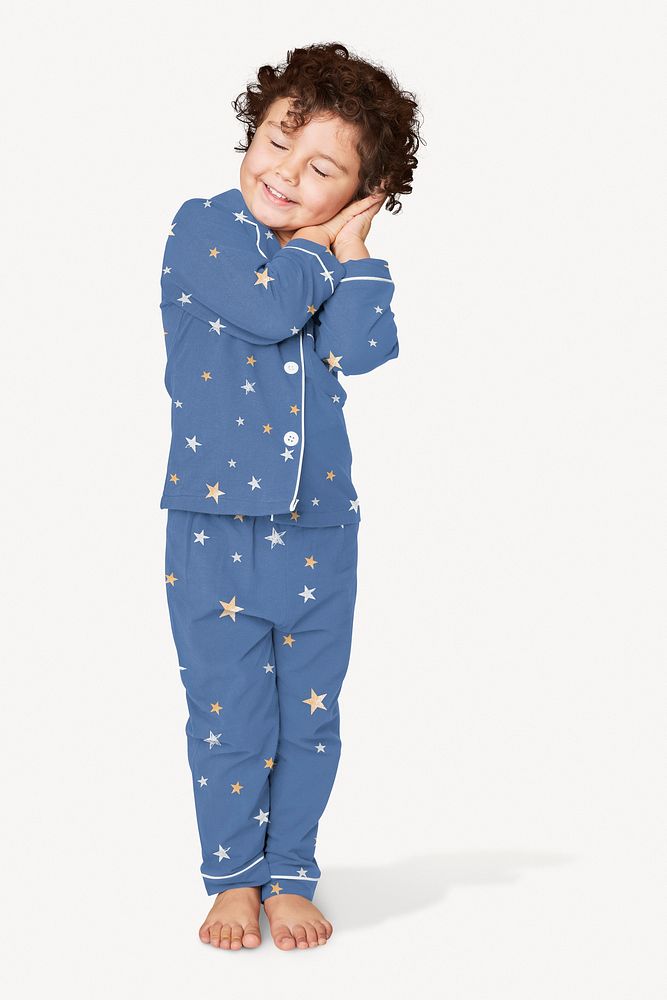 Little boy in cute blue pajamas, nightwear apparel