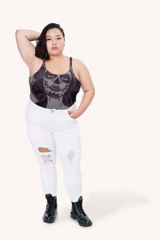 Cool plus size woman in ripped bleached jeans