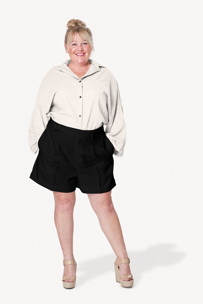 Size inclusive woman in off-white shirt