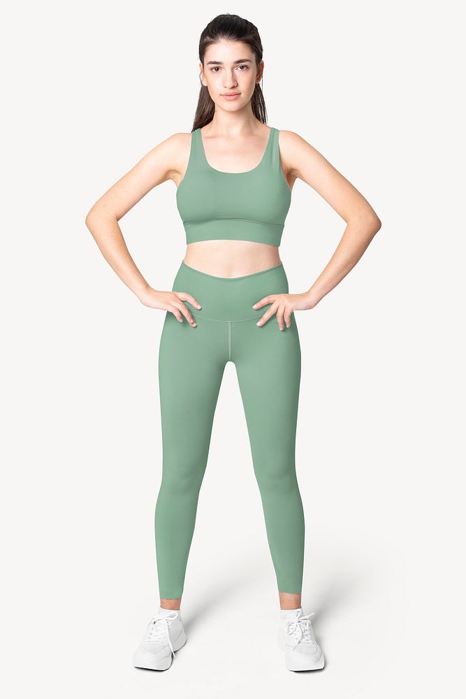 Sports bra & leggings mockup, green sportswear psd