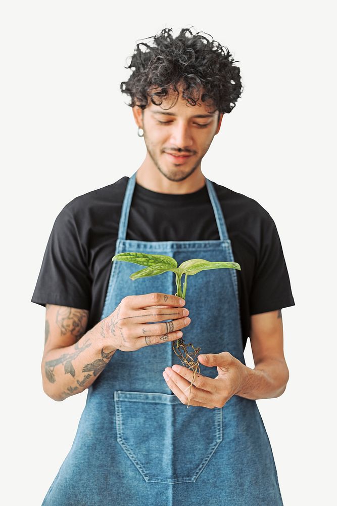 Man wearing an apron holding an uprooted plant collage element psd