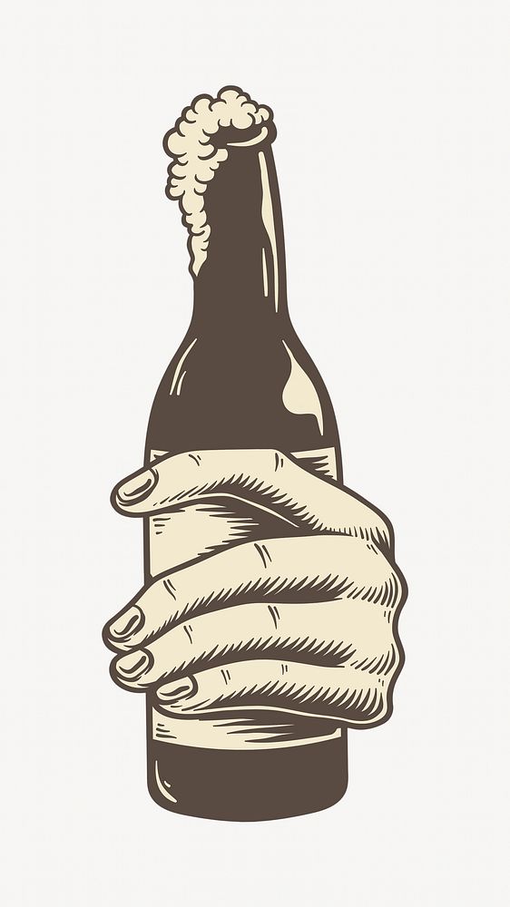 Hand holding a beer bottle, illustration isolated image