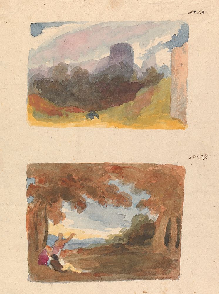 Two Drawings on One Sheet: Landscape with Castle - Modern Manner (no. 13); Landscape with Figures in Foreground (no. 14) by…