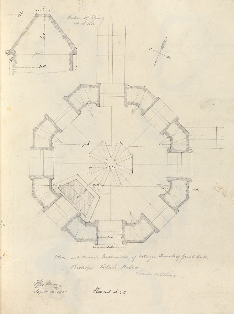 Bishop's Palace, Wells, Somerset: Plan through Battlements of Octagon Tower