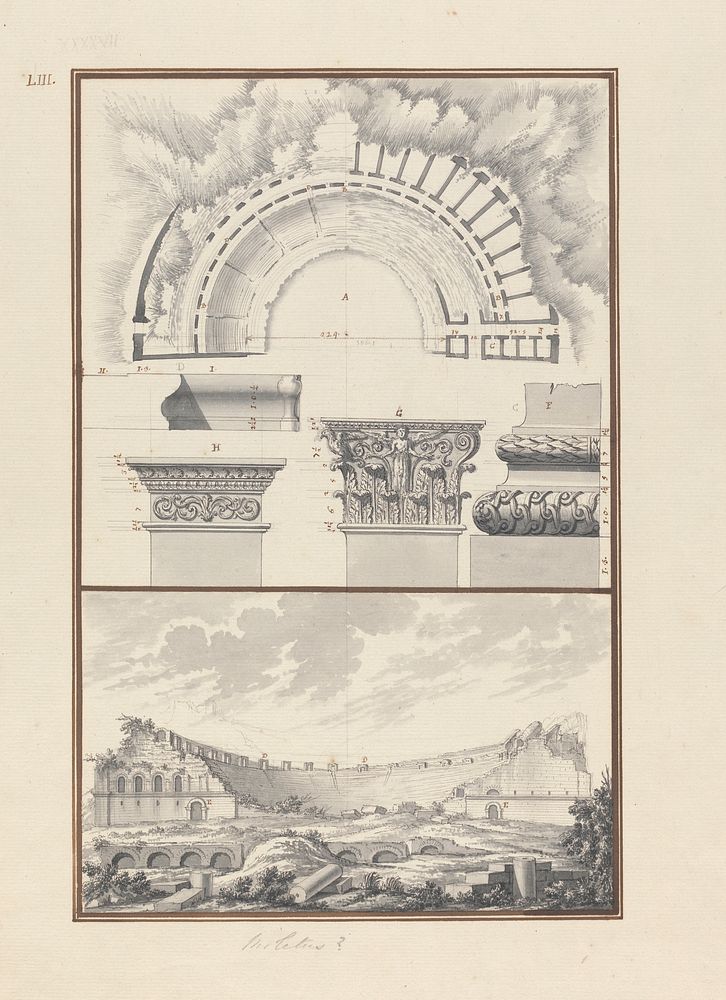 Top Panel: Plan, Column Details; Bottom Panel: View of a Ruined Theater, Probably that at Miletus by Giovanni Battista Borra