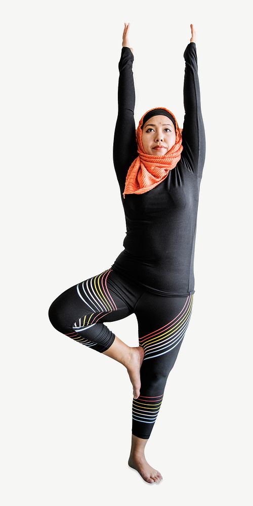 Muslim woman doing yoga isolated image