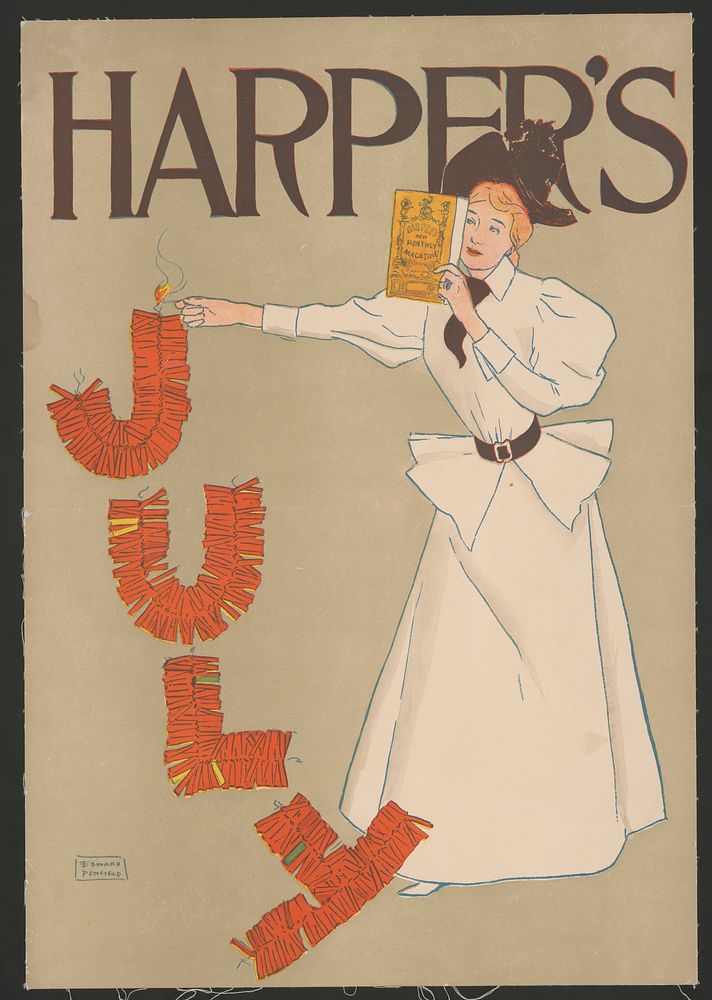 Woman lighting up firecrackers (1894) print in high resolution by Edward Penfield. 